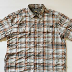Eddie Bauer Men’s XL Plaid Short Sleeve Button-Up Shirt Beige Grey Outdoor